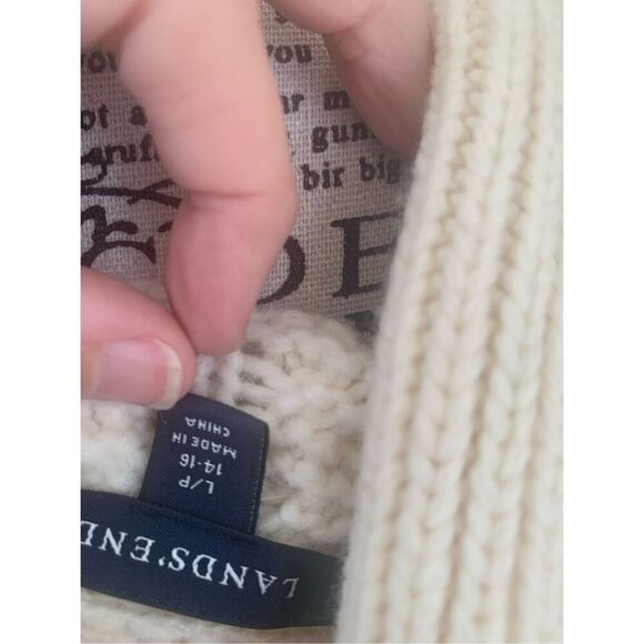 Lands End Ivory Thick Wool Fisherman Cardigan Sweater Shawl Collar - Picture 3 of 8